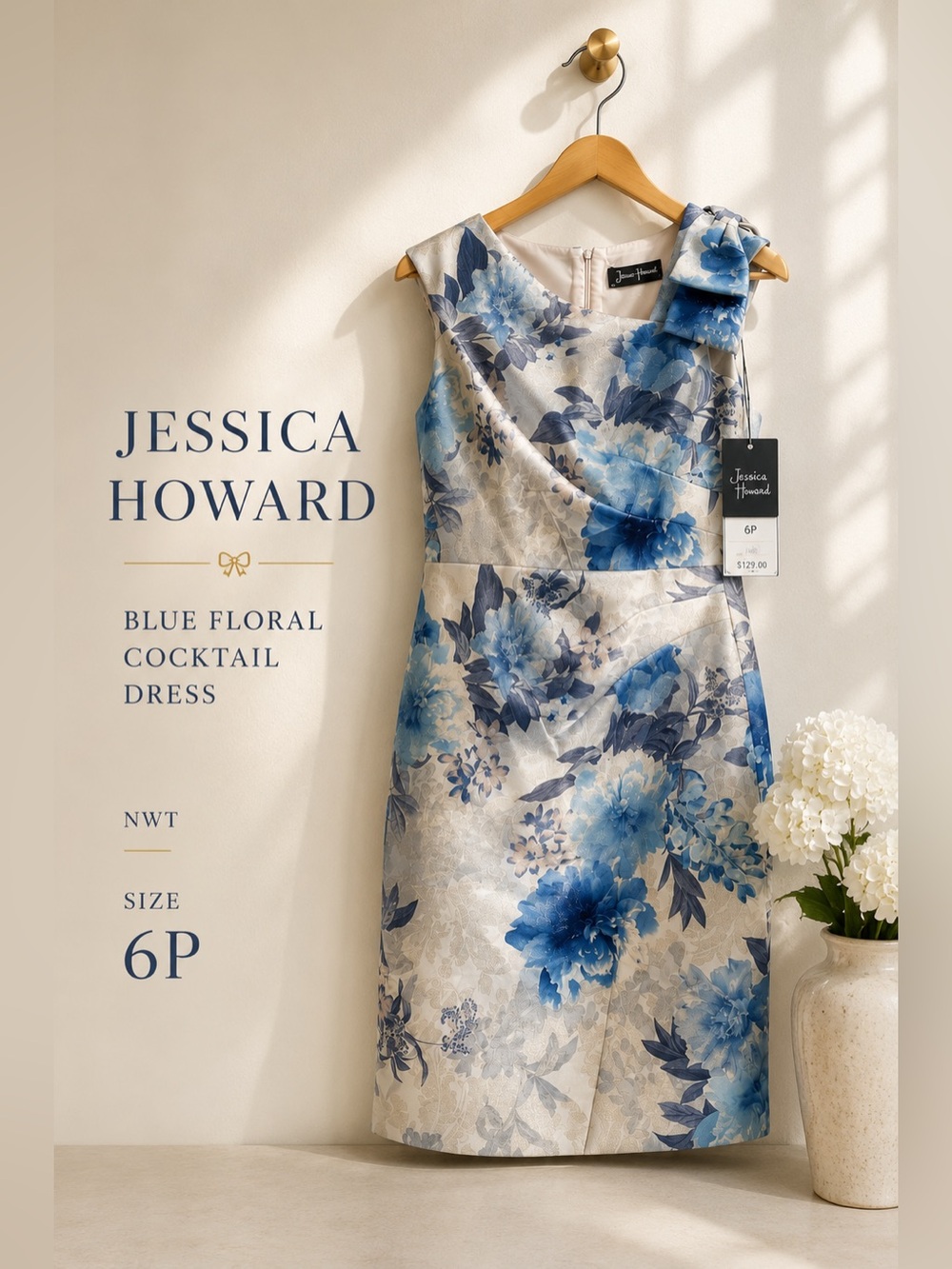 Jessica Howard Blue Floral Metallic Sheath Cocktail Dress Bow Detail Size 6P NWT